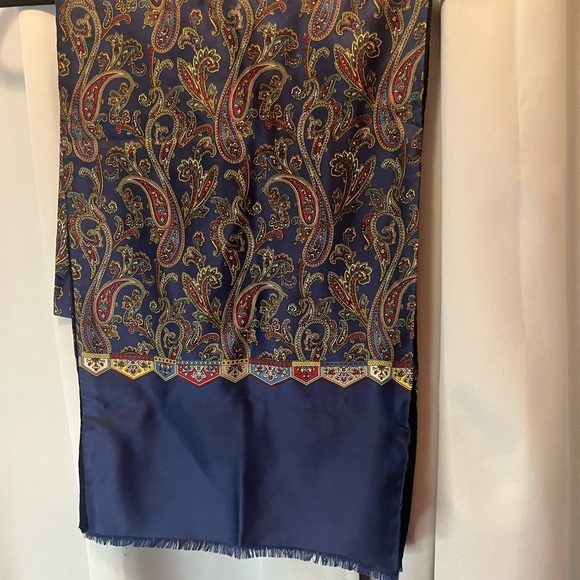 Men’s Silk Paisley Patterned Scarf - Blue and Gold - Picture 1 of 6